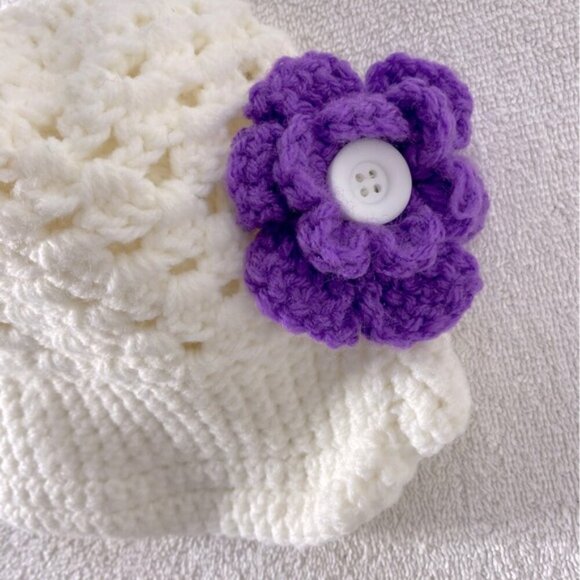 Handmade Cream Crochet Hat With Purple Crochet Flower - Picture 3 of 9